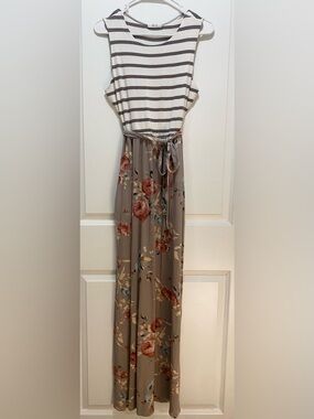 Sleeveless Striped & Floral Maxi Dress in Taupe